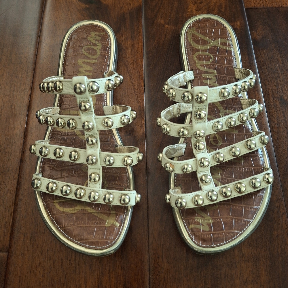 SAM  EDELMAN  "Glenn" Studded Leather Slide Sandal - Creme - Size  8.5